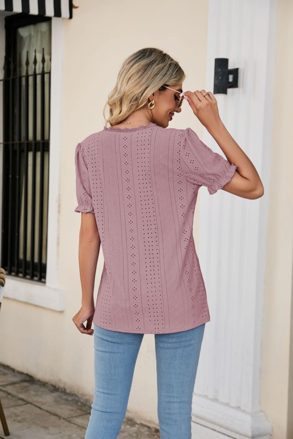 Honeybee Mumford's Eyelet Flounce Sleeve Scalloped V-Neck Top