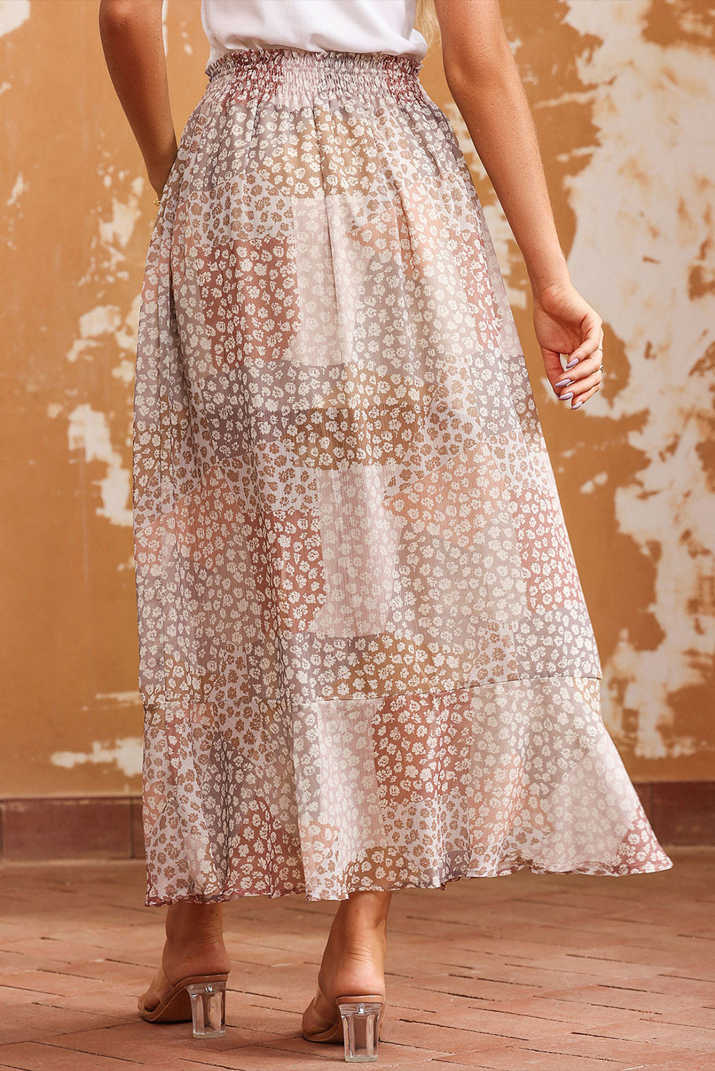 Honeybee Mumford's Apricot Boho Flower Print Smocked Waist Button Slit Maxi Skirt