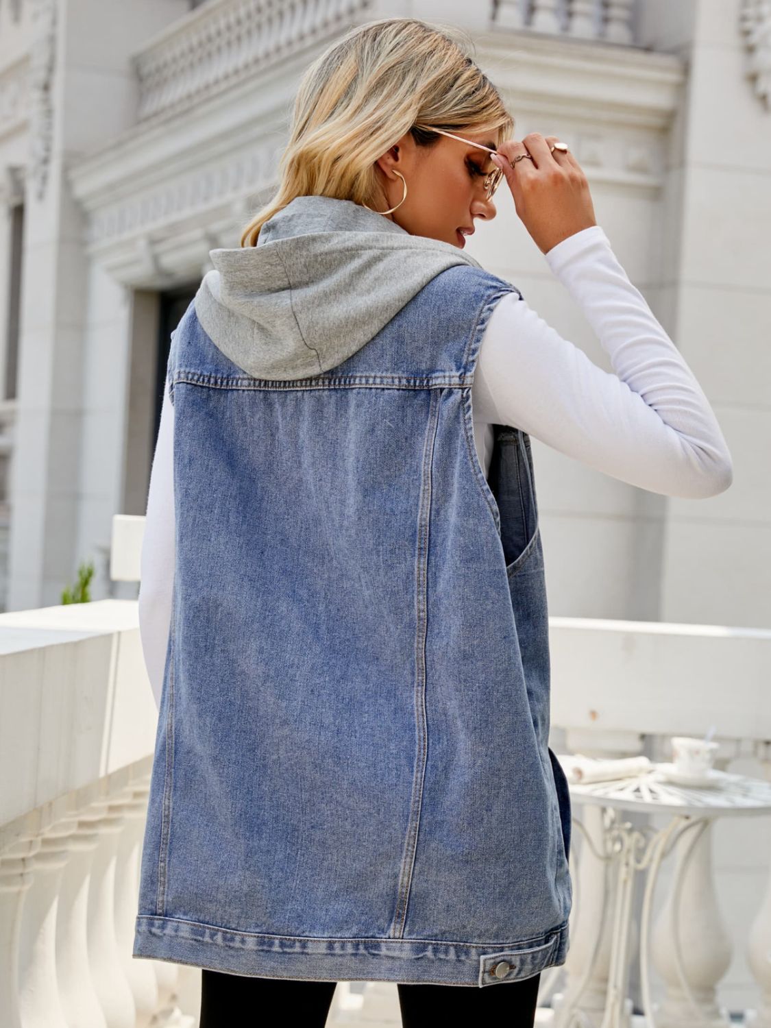 Honeybee Mumford's Drawstring Hooded Sleeveless Denim Top with Pockets