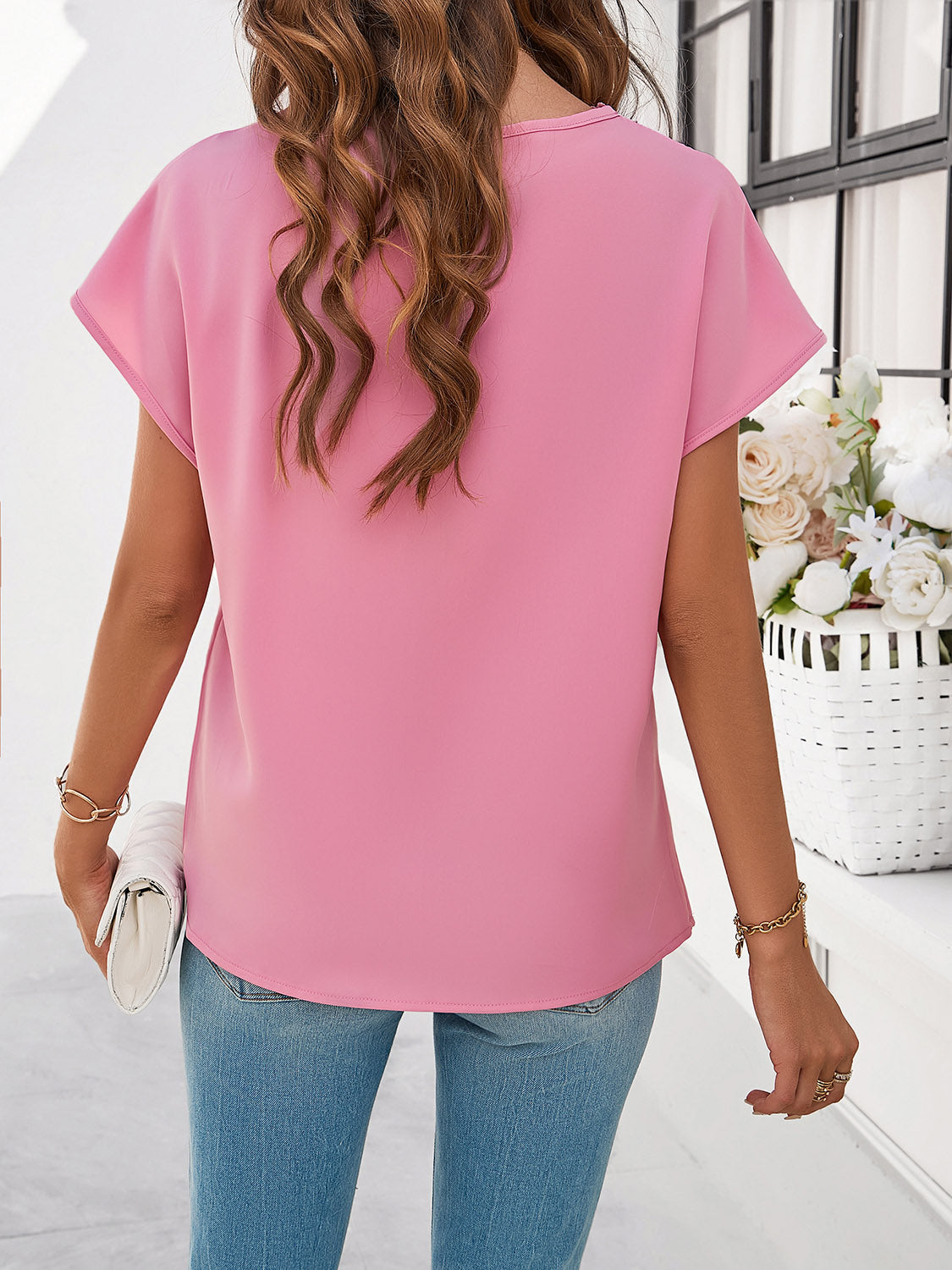 Honeybee Mumford's Lace Detail V-Neck Cap Sleeve Blouse