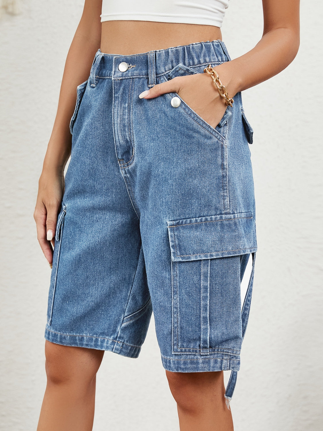 Honeybee Mumford's Buttoned Elastic Waist Denim Shorts with Pockets