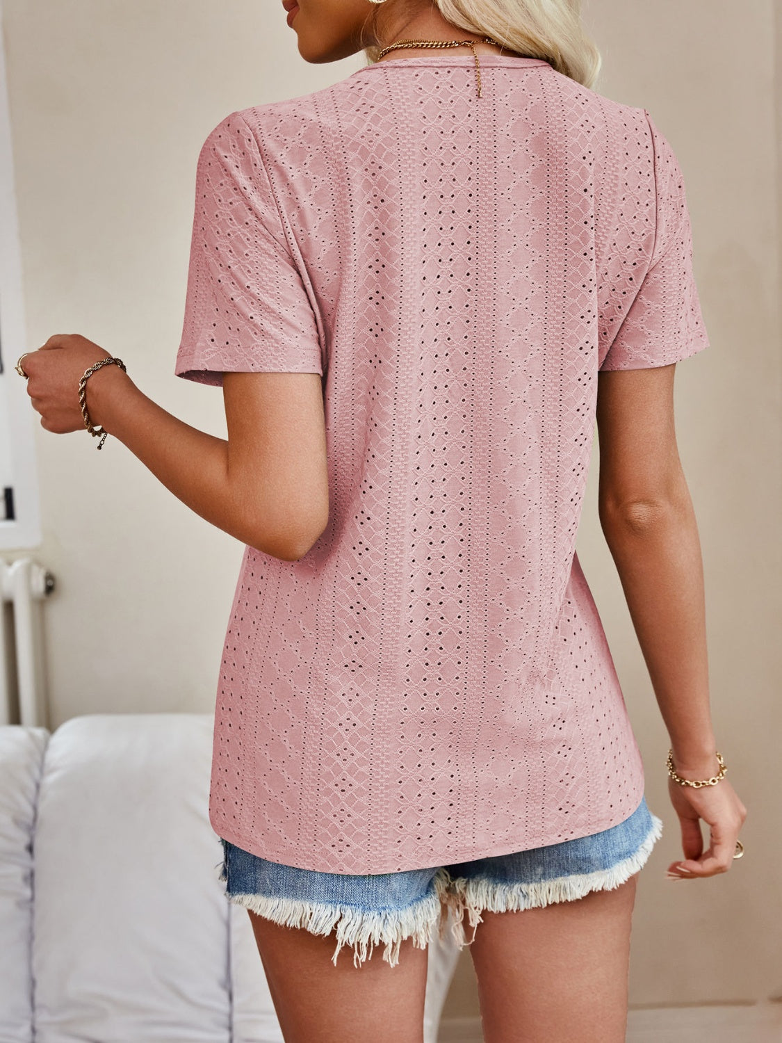 Honeybee Mumford's Eyelet V-Neck Short Sleeve Top