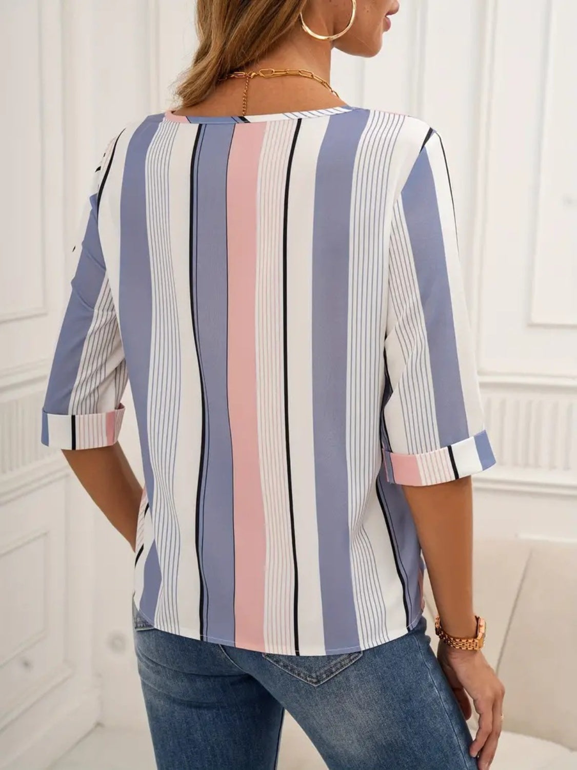 Honeybee Mumford's Contrast Stripes Round Neck Half Sleeve Blouse