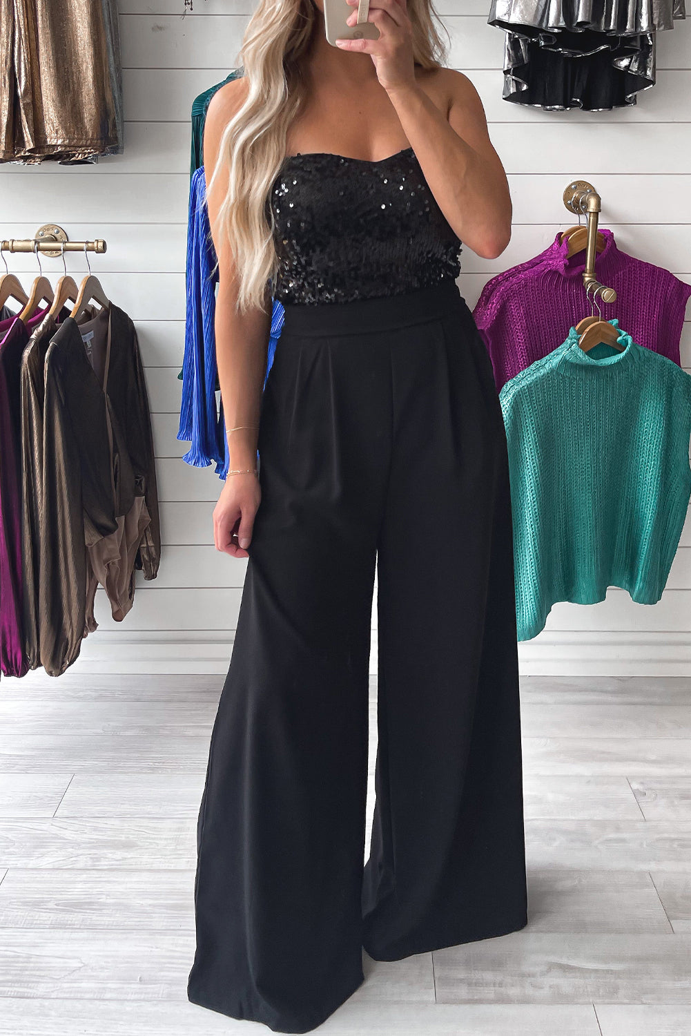 honeybee Mumford's Black Sequin Tube Top Wide Leg Jumpsuit