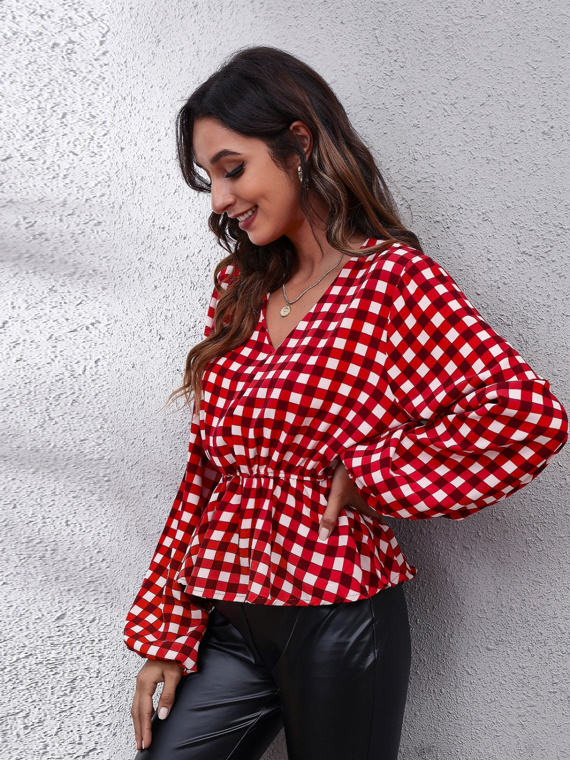 Honeybee Mumford's Plaid V-Neck Balloon Sleeve Peplum Blouse