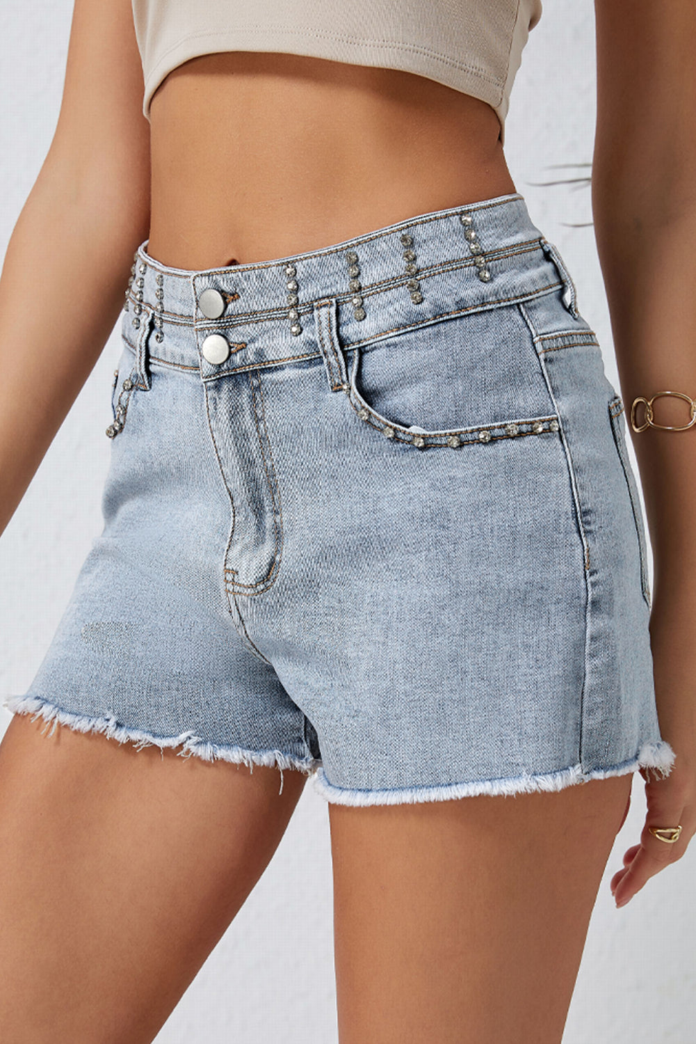 Honeybee Mumford's Sky Blue Diamond Studded Vintage Wash Denim Shorts