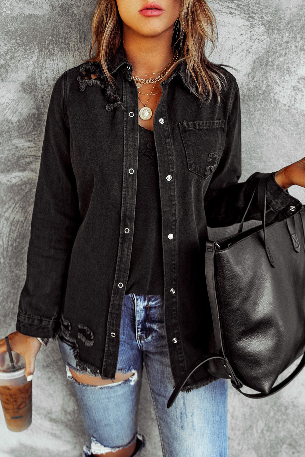 Honeybee Mumford's Distressed Snap Down Denim Jacket