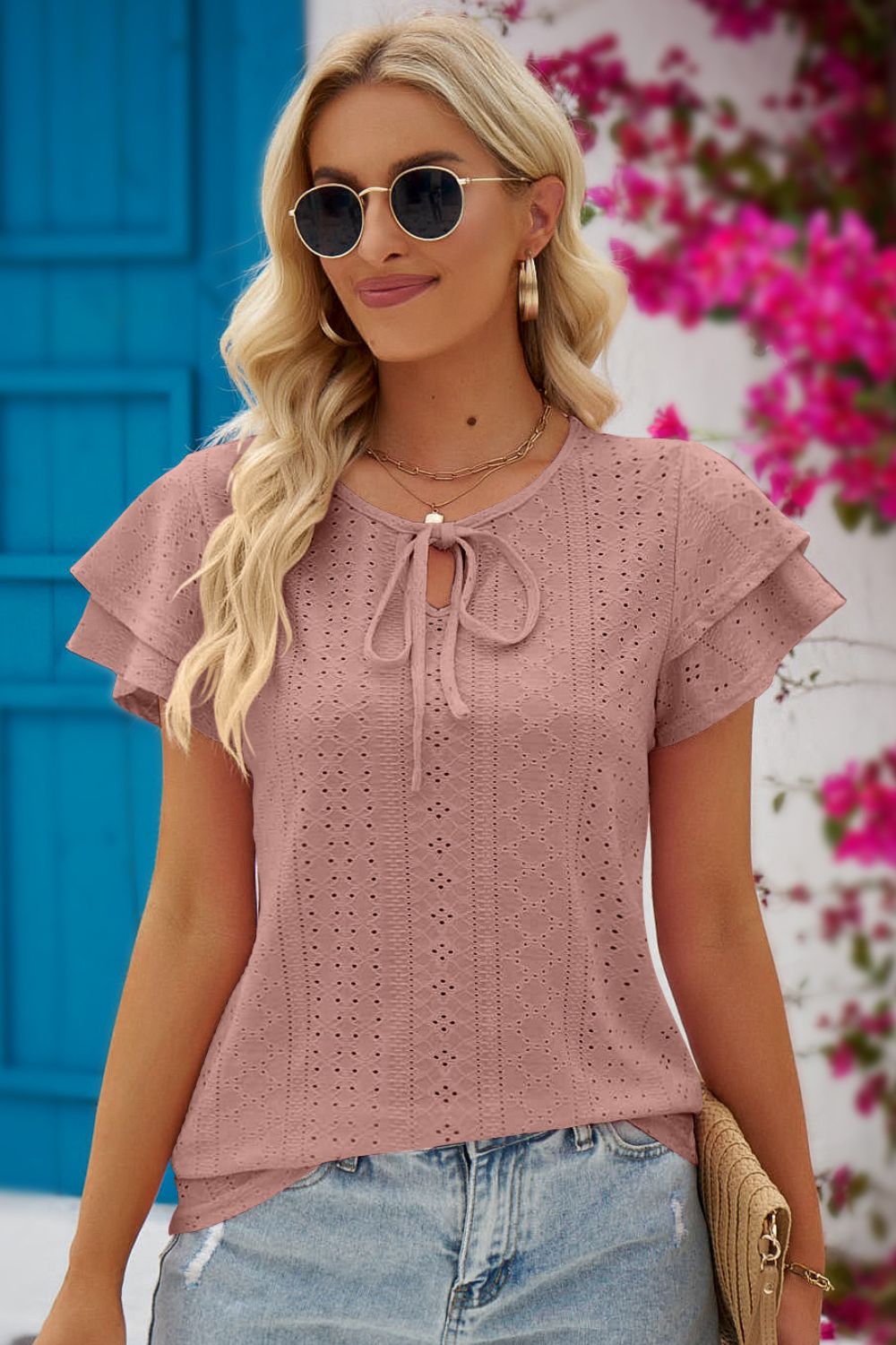 Honeybee Mumford's Eyelet Tie-Neck Flutter Sleeve Blouse