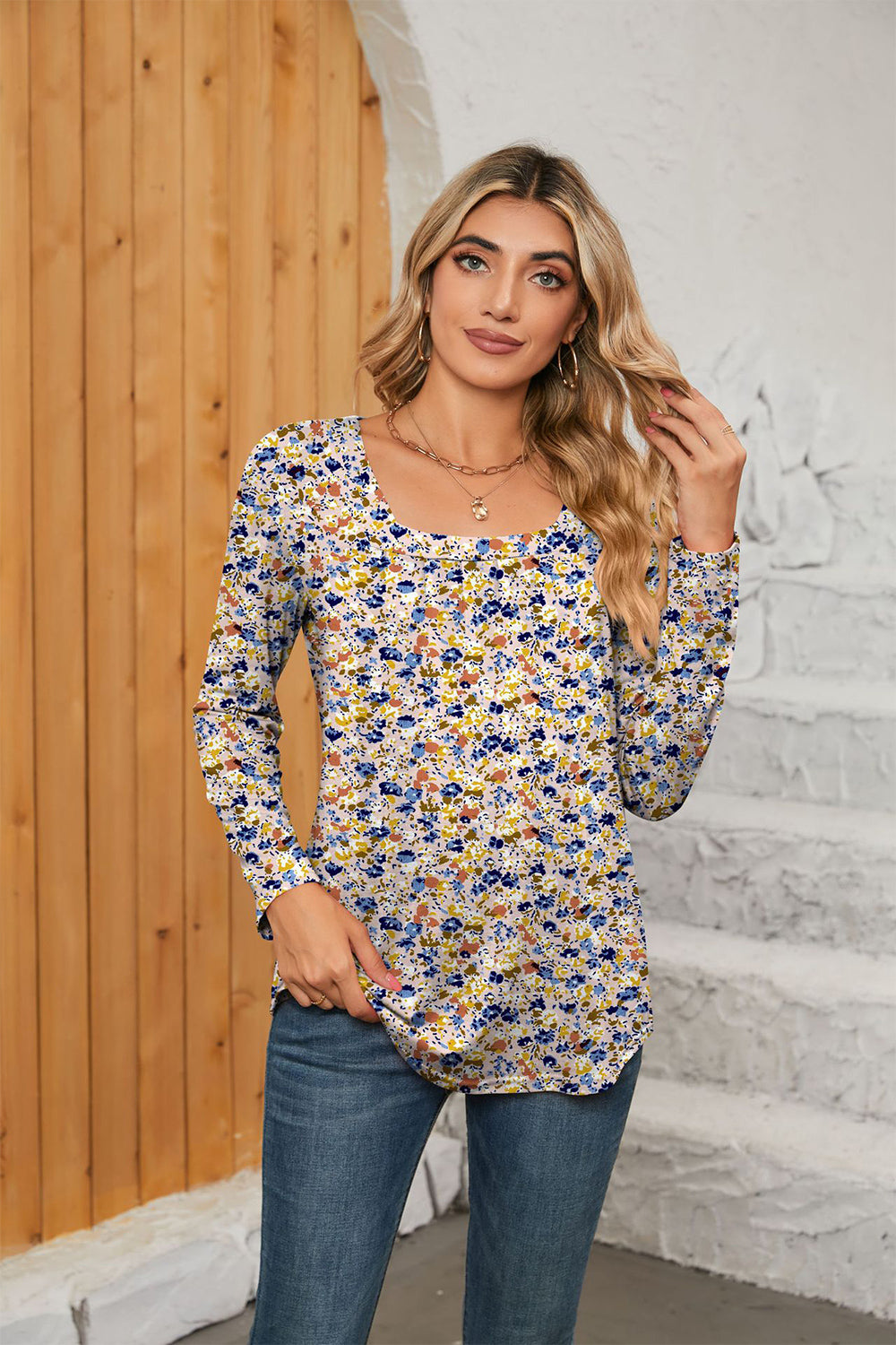 Honeybee Mumford's Printed Square Neck Long Sleeve Blouse