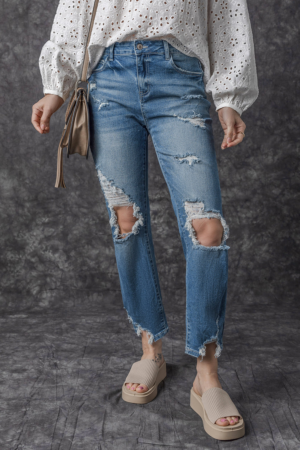 Honeybee Mumford's Sky Blue Ripped Knee Hole High Waist Jeans