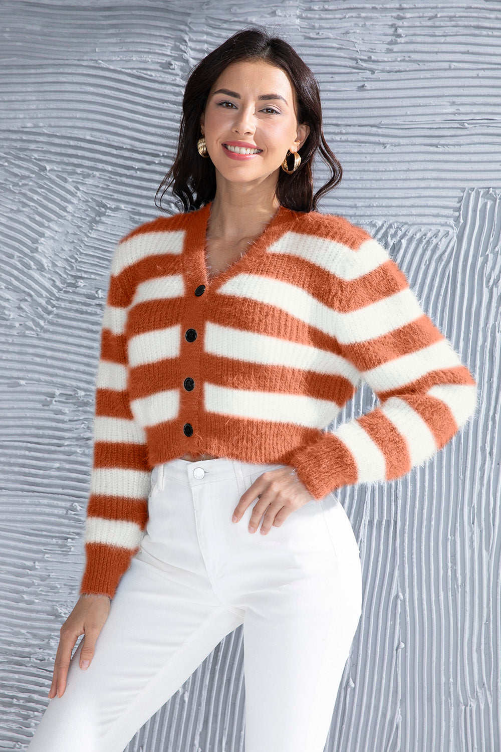 Honeybee Mumford's Striped Button Up Cropped Cardigan