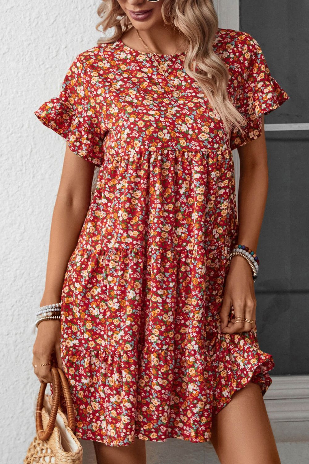 Honeybee Mumford's Floral Round Neck Flounce Sleeve Dress