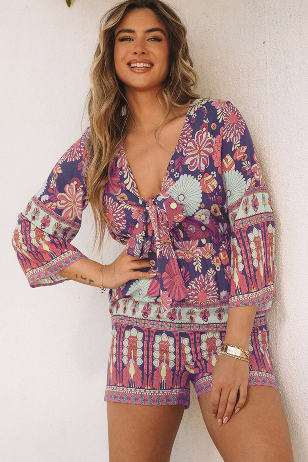 Honeybee Mumford's Purple Vintage Printed 3/4 Sleeves V Neck Romper