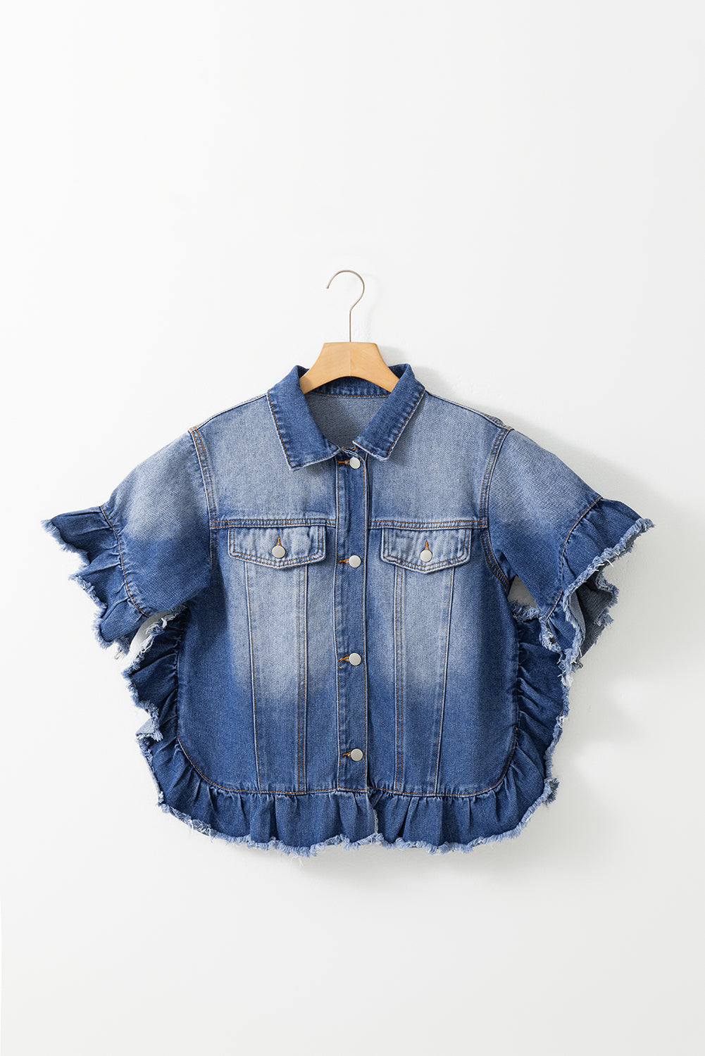 Honeybee Mumford's Ruffled Raw Hem Half Sleeve Denim Top