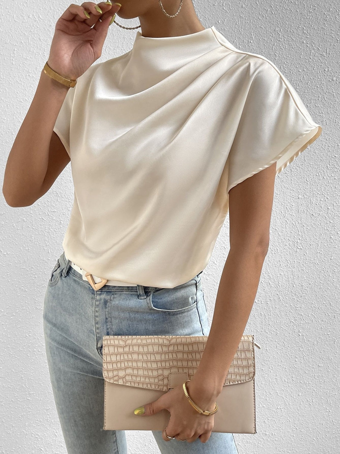 Honeybee Mumford's Ruched Mock Neck Short Sleeve Blouse