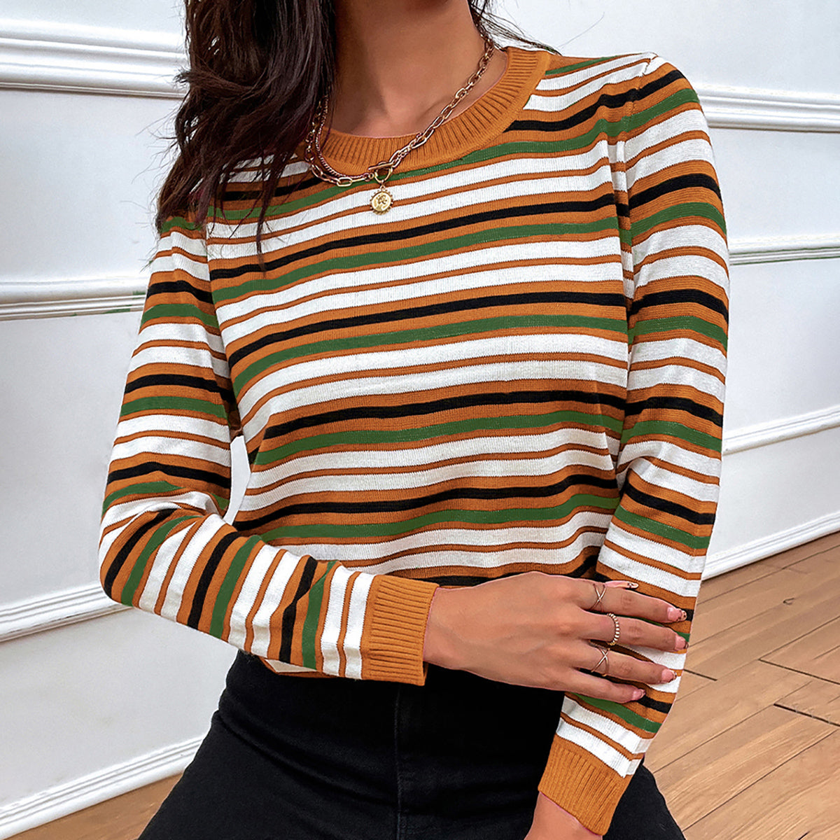 Honeybee Mumford's Striped Round Neck Long Sleeve Sweater