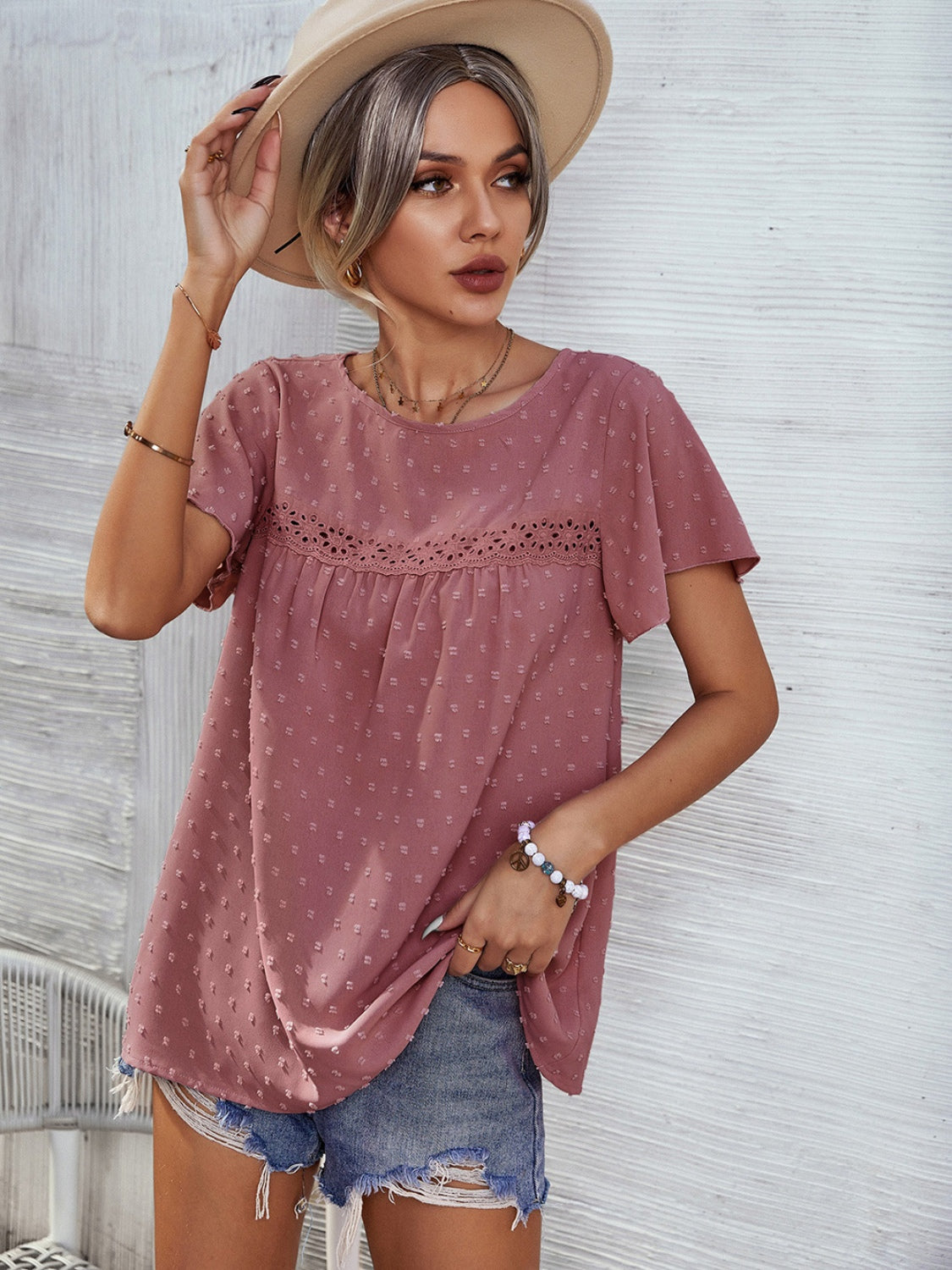 Honeybee Mumford's Lace Detail Round Neck Short Sleeve Blouse