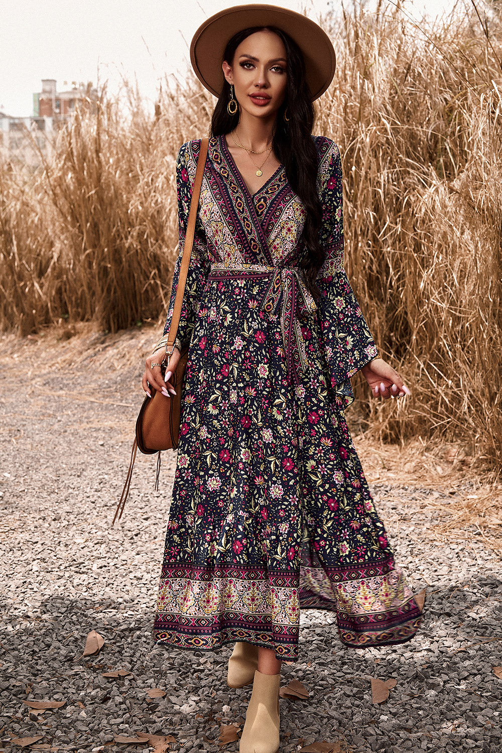 Honeybee Mumford's Casual Bohemian Surplice Neck Slit Dress