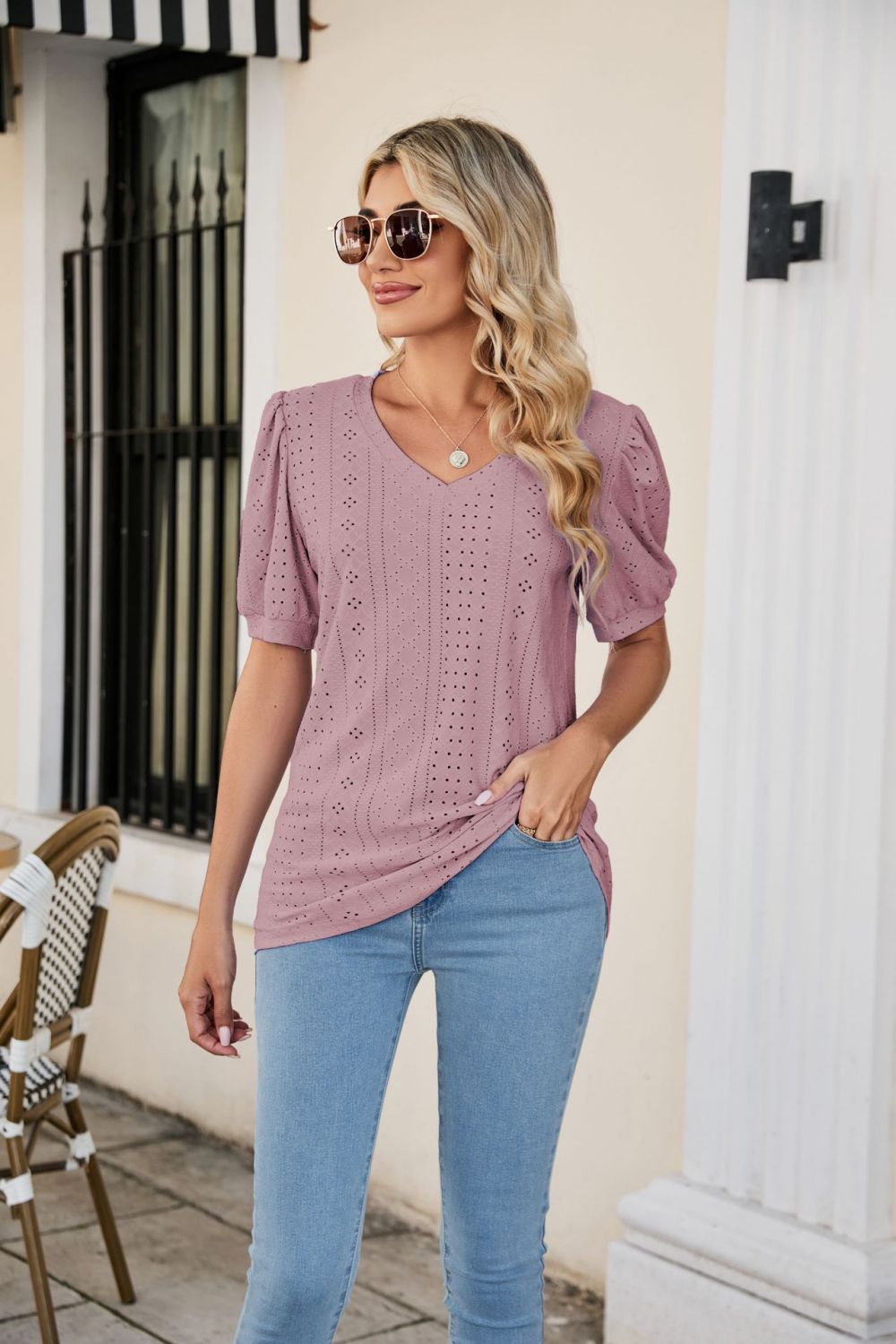 Honeybee Mumford's Eyelet Puff Sleeve V-Neck Top