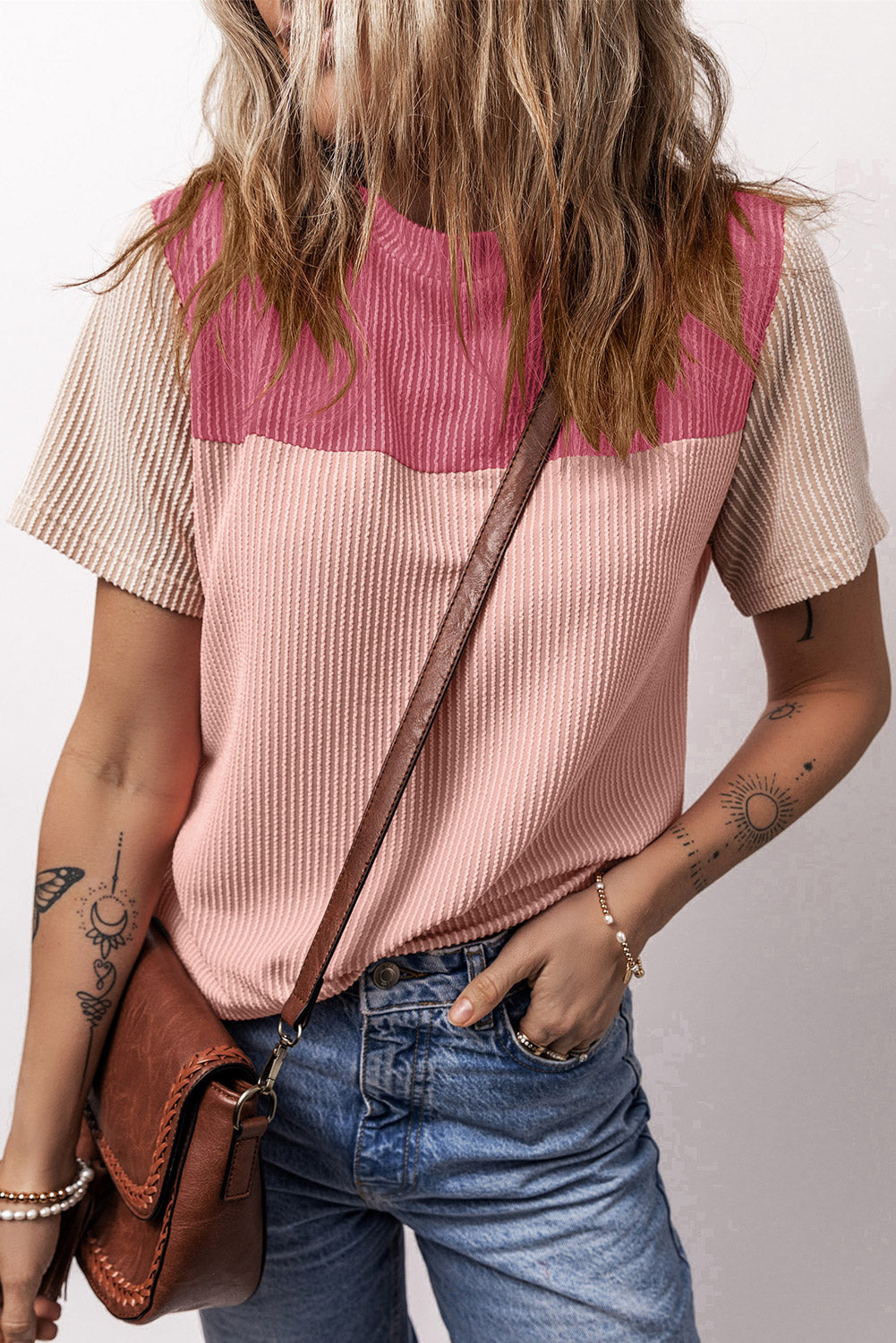 Honeybee Mumford's Pink Rib Textured Colorblock T Shirt