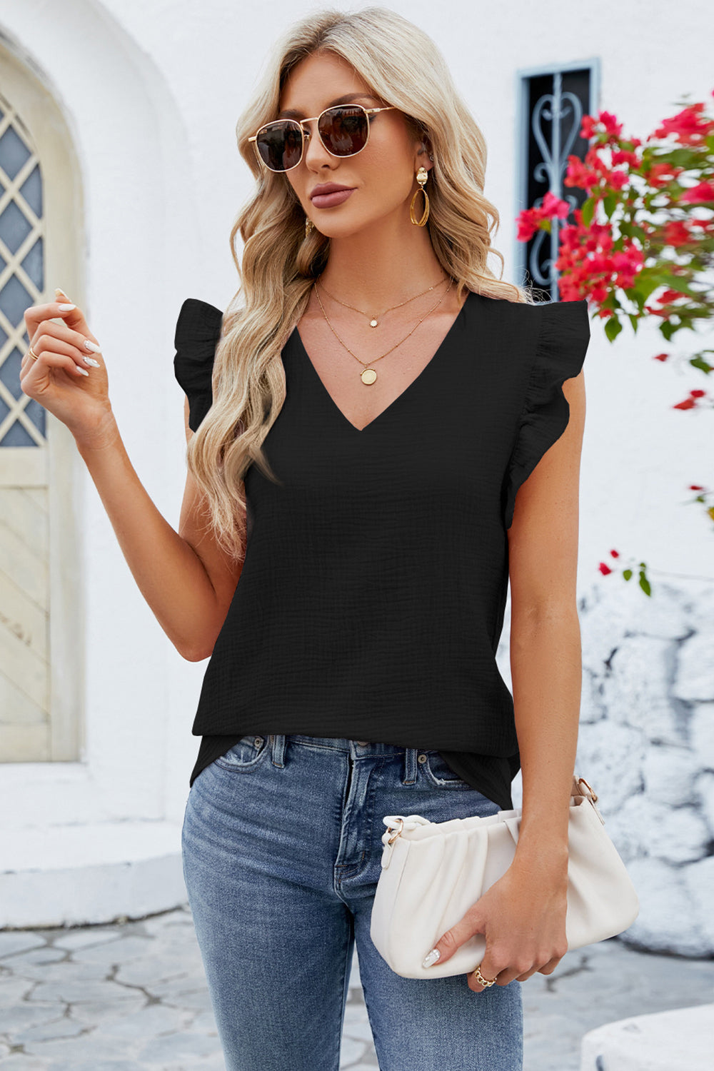 Honeybee Mumford's Ruffled V-Neck Cap Sleeve Blouse