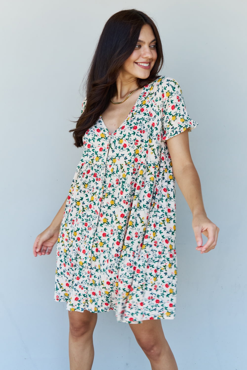 Honeybee Mumford's Ninexis Follow Me Full Size V-Neck Ruffle Sleeve Floral Dress