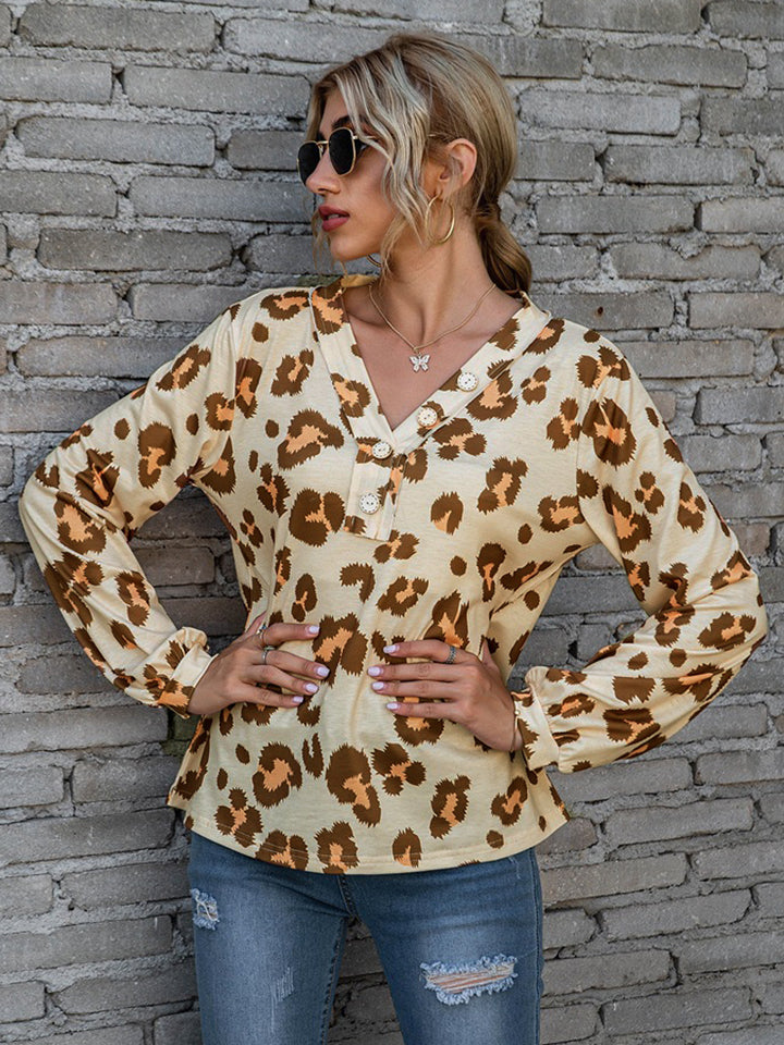 Honeybee Mumford's Leopard V-Neck Decorative Button Long Sleeve Blouse