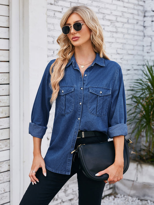 Honeybee Mumford's Button Up Denim Jacket w/ Collared Neck in Dark Blue & Dusty Blue