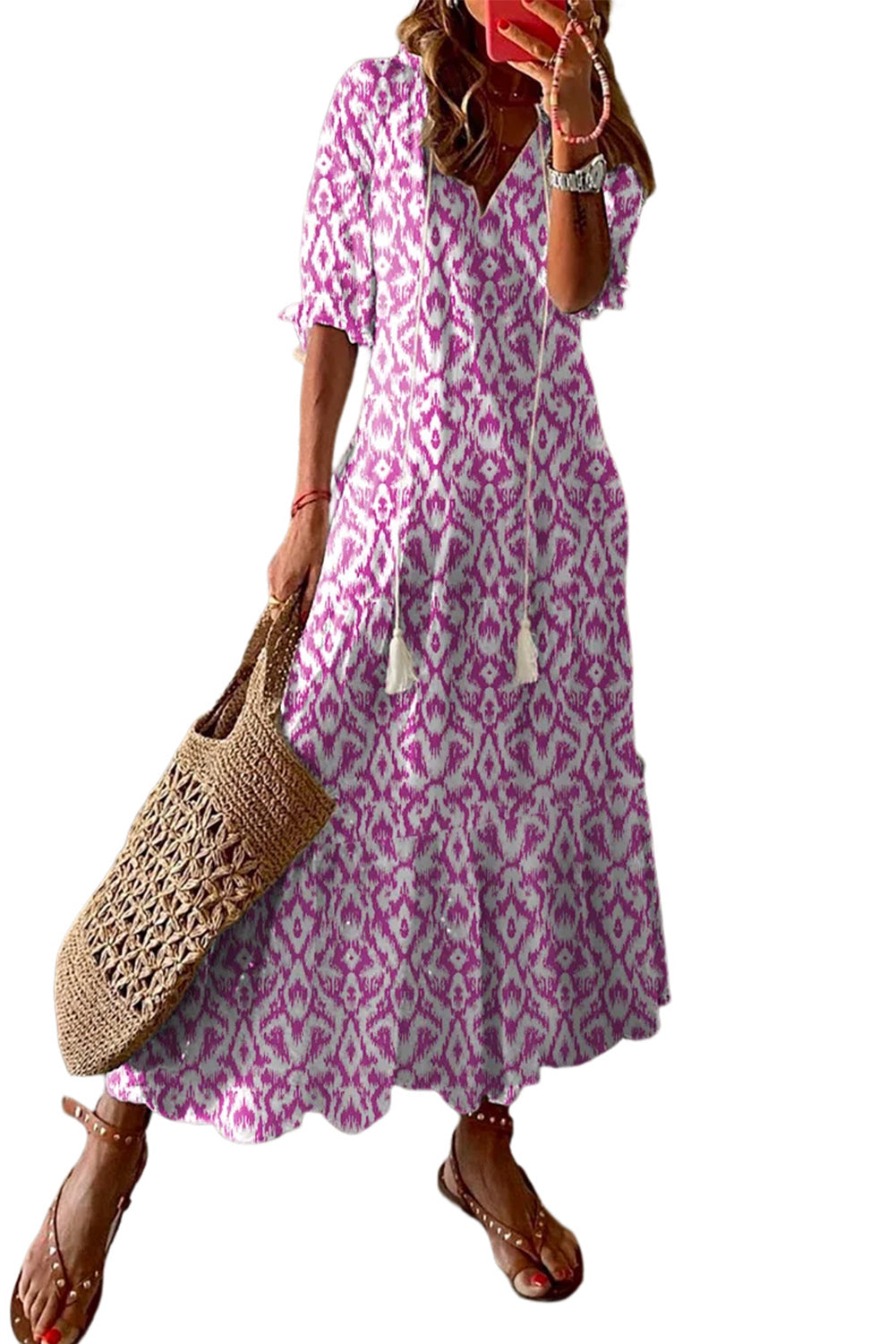 Honeybee Mumford's Pink V Neck Casual Geometric Print Maxi Dress