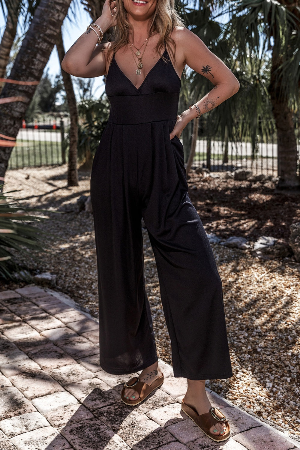 Honeybee Mumford's Surplice Spaghetti Strap Wide Leg Jumpsuit