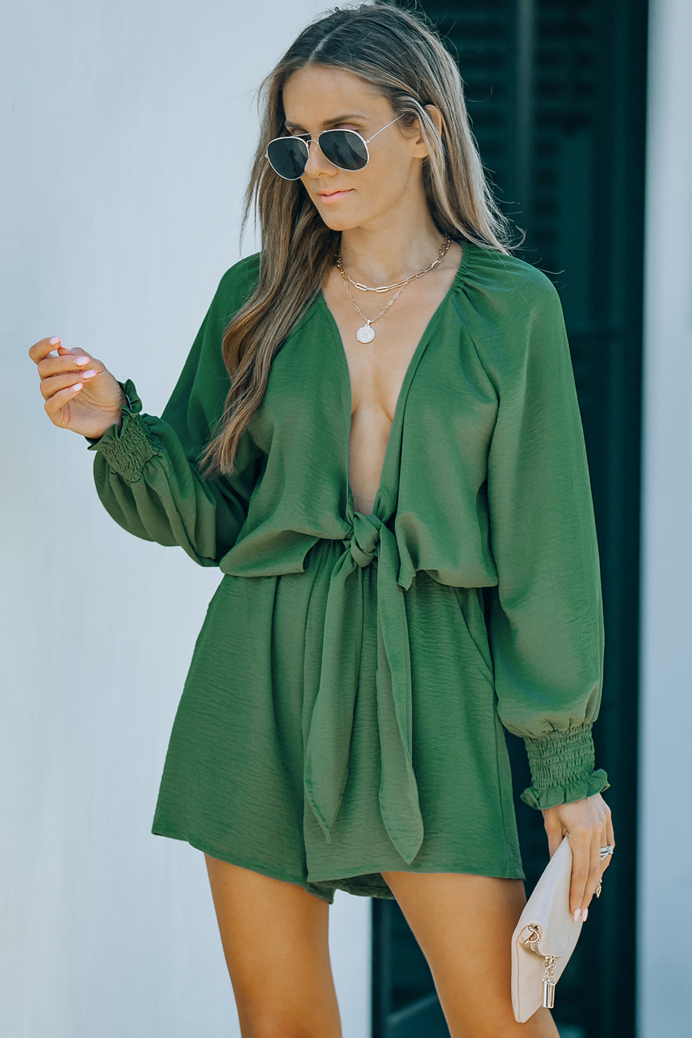 Honeybee Mumford's Green Tie Knot Puff Long Sleeve Romper