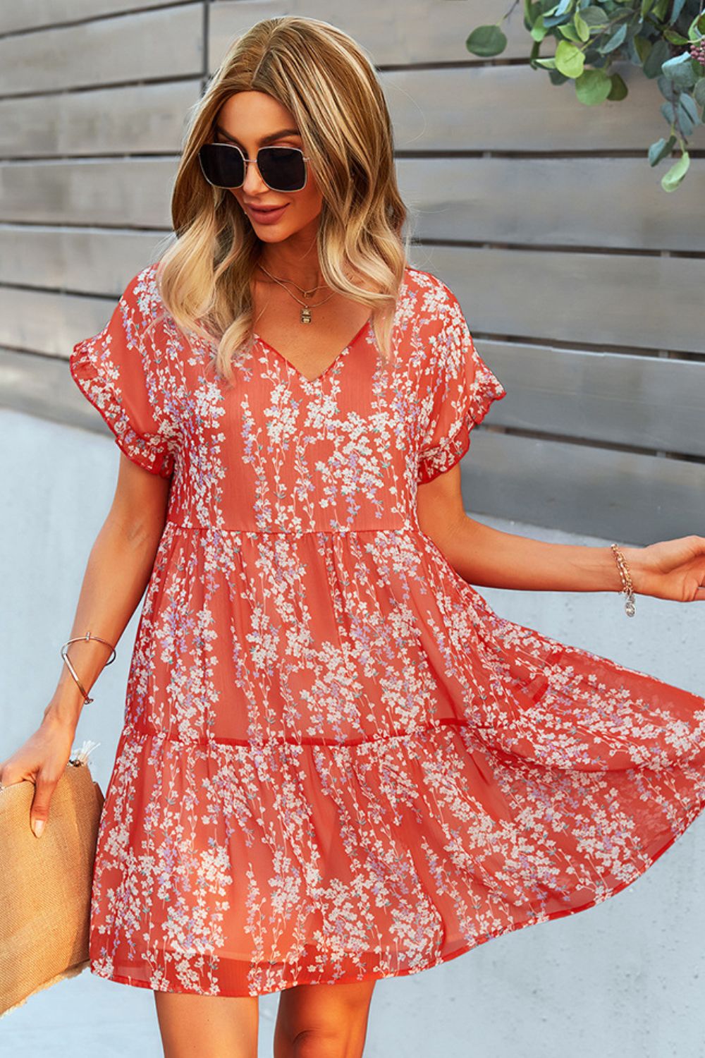 Honeybee Mumford's Printed V-Neck Short Sleeve Tiered Dress