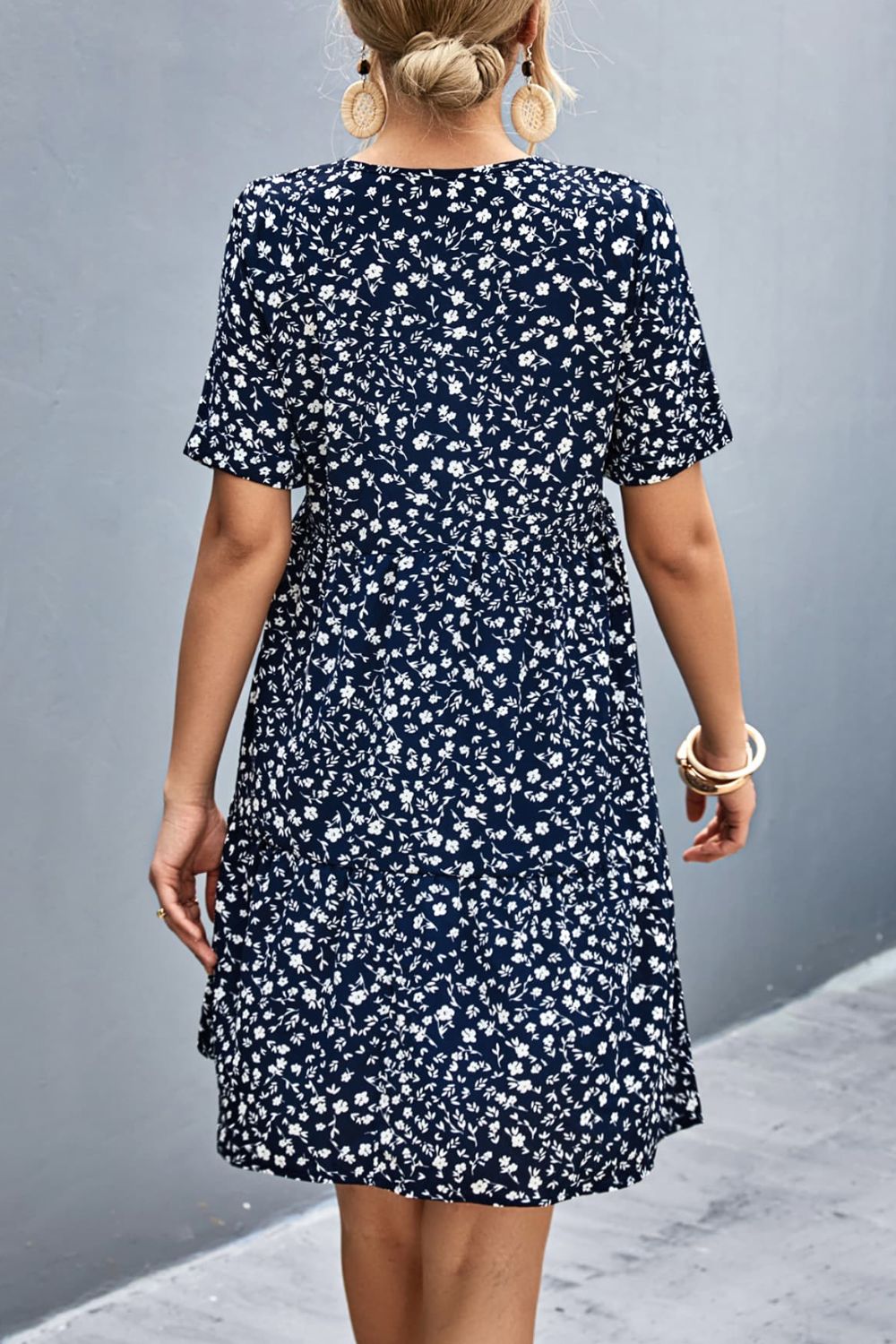 Honeybee Mumford's Ditsy Floral Empire Waist Plunge Short Sleeve Dress