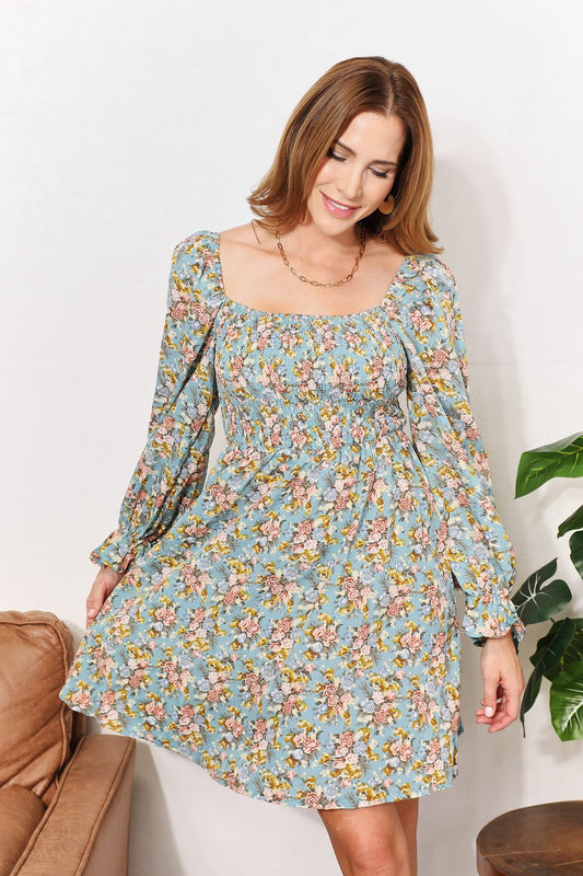 Honeybee Mumford's Floral Smocked Flounce Sleeve Square Neck Dress