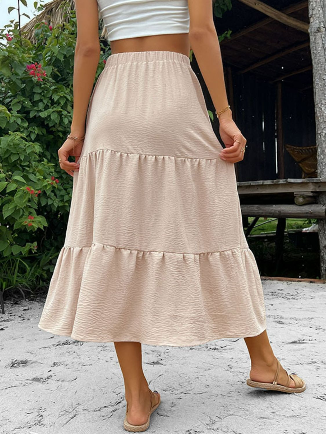 Beige Button Down Tiered Midi Skirt