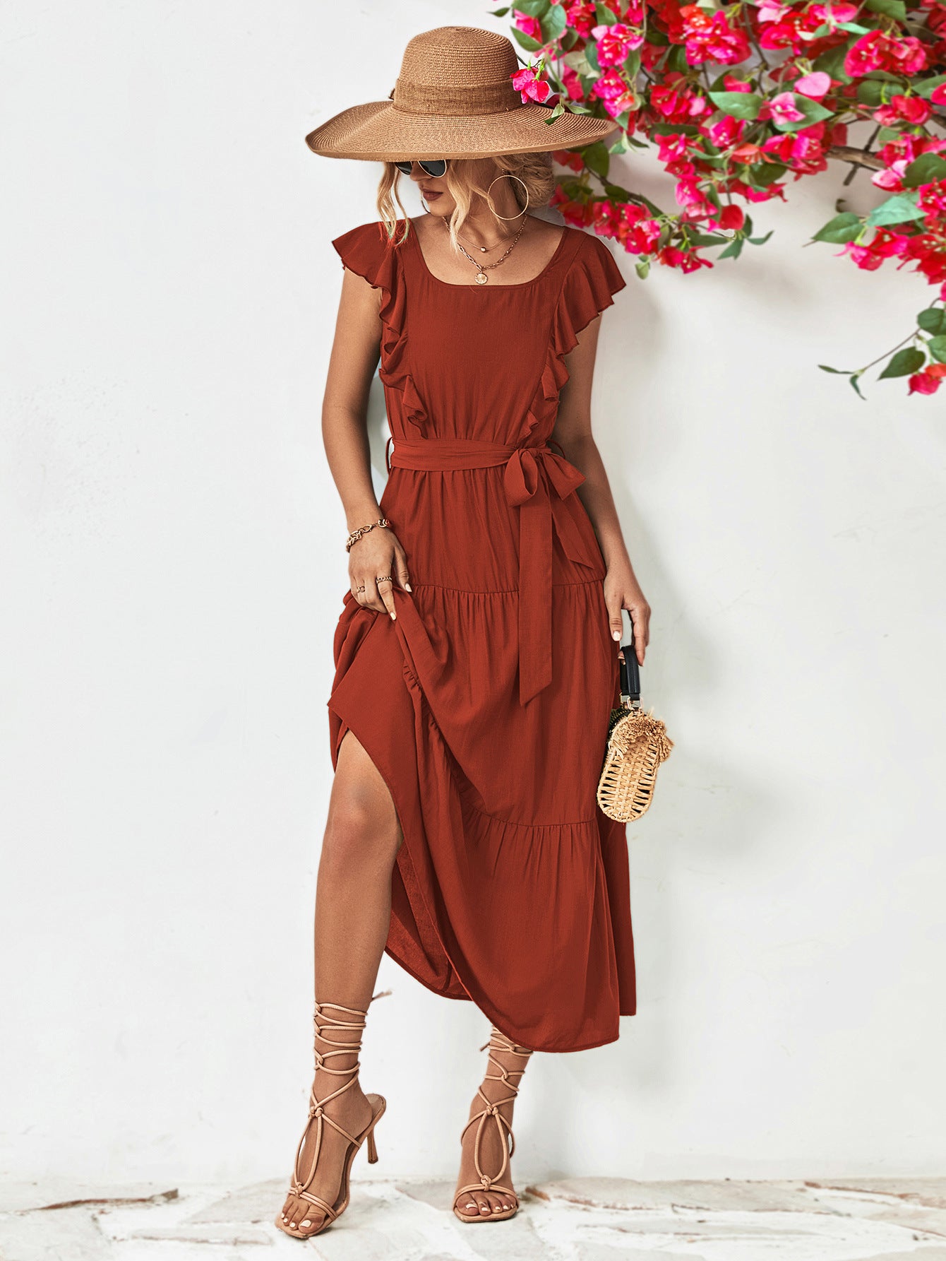 Honeybee Mumford's Tie Belt Ruffled Tiered Dress