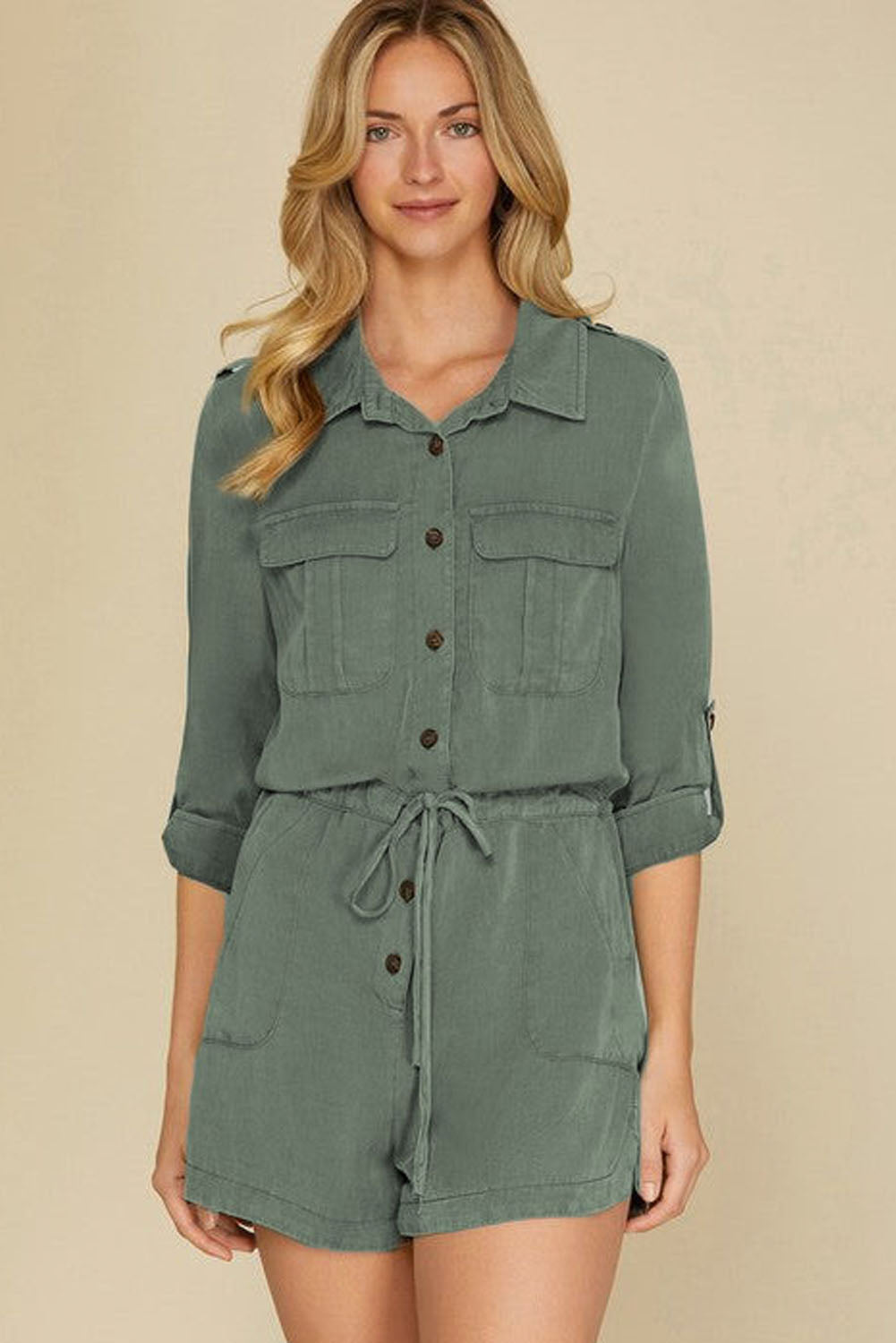 Honeybee Mumford's Jungle Green Roll up Sleeve Flap Pockets Drawstring Playsuit