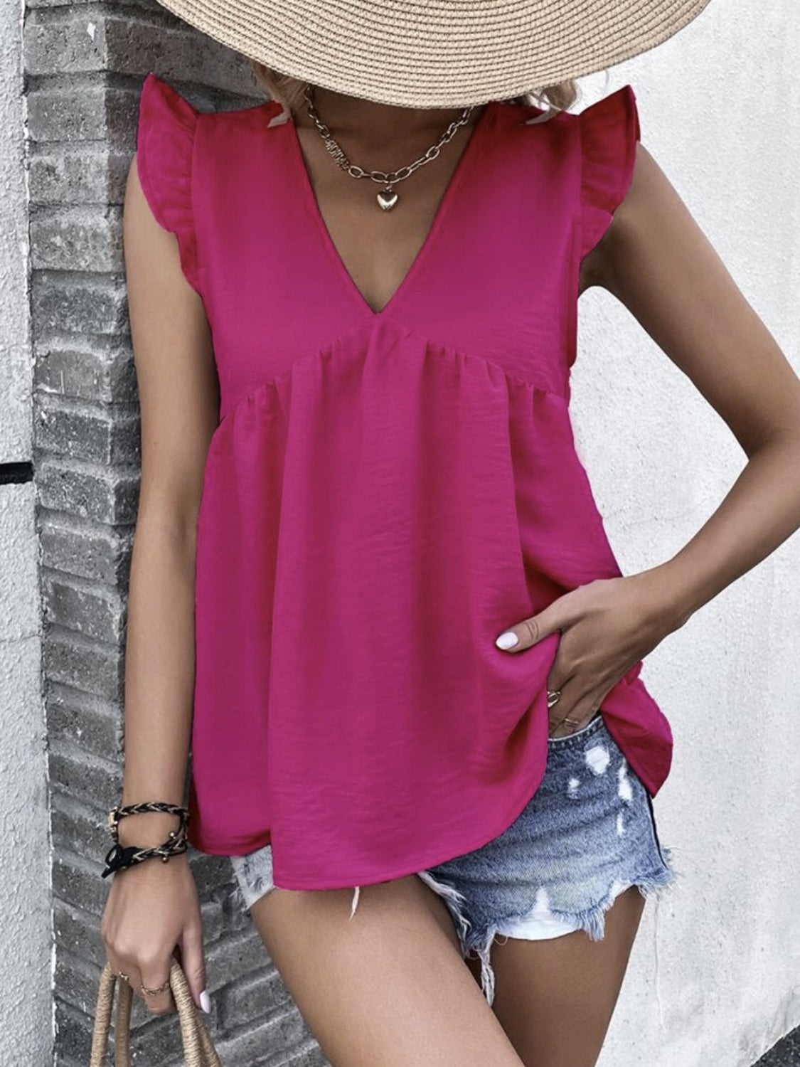 Honeybee Mumford's Ruffled V-Neck Cap Sleeve Blouse