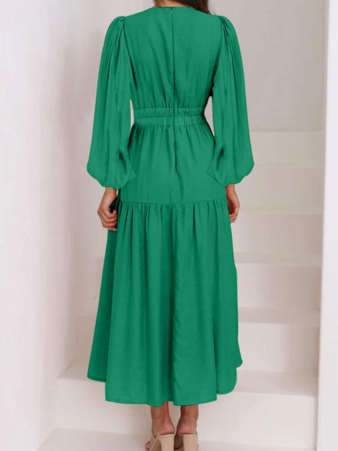 Honeybee Mumford's Deep V-Neck Balloon Sleeve Plain Maxi Dress