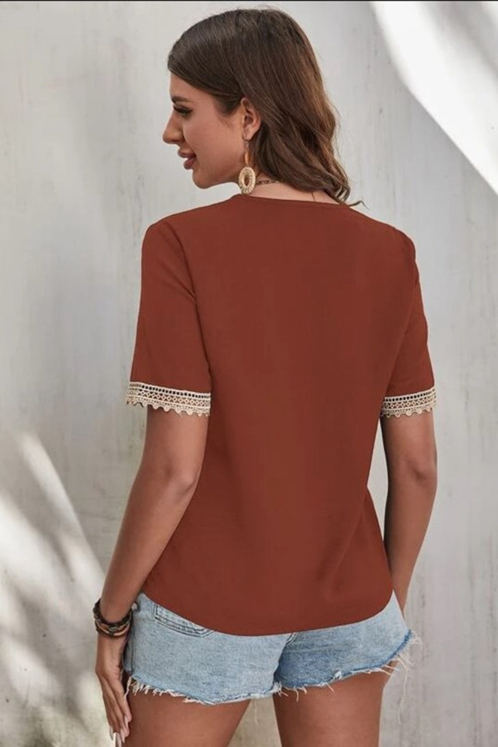 Honeybee Mumford's Lace Detail V-Neck Short Sleeve Blouse