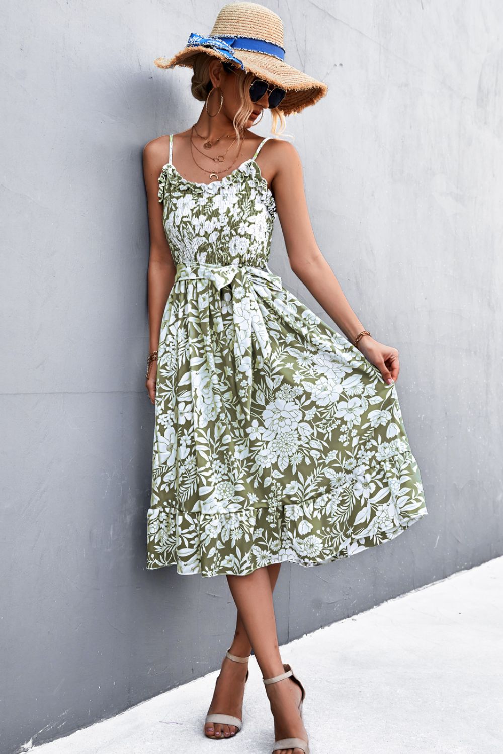 Honeybee Mumford's Floral Frill Trim Scoop Neck Spaghetti Strap Dress