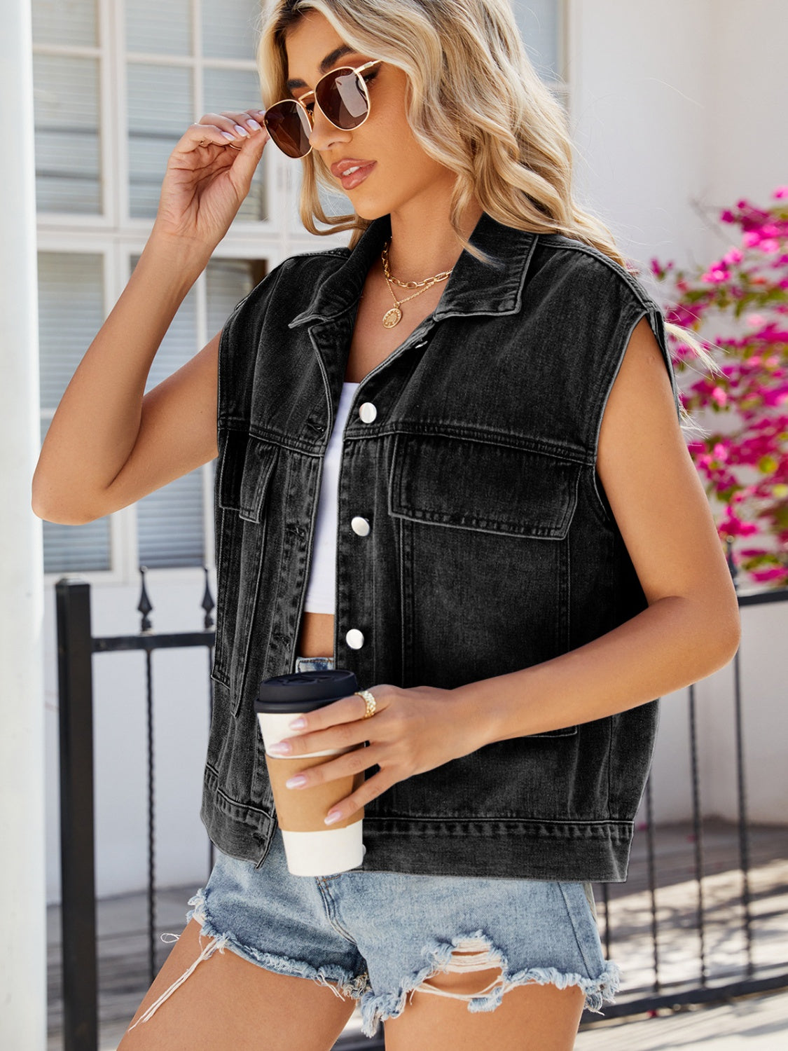 Honeybee Mumford's Pocketed Button Up Sleeveless Denim Jacket