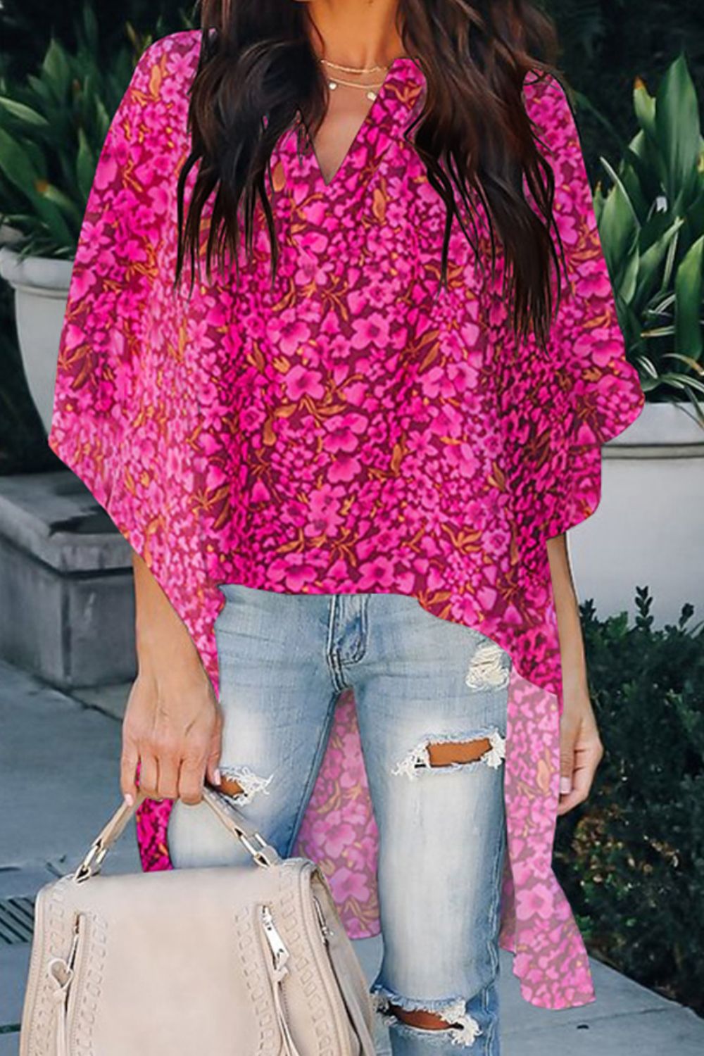 Honeybee Mumford's High-Low Notched Half Sleeve Blouse