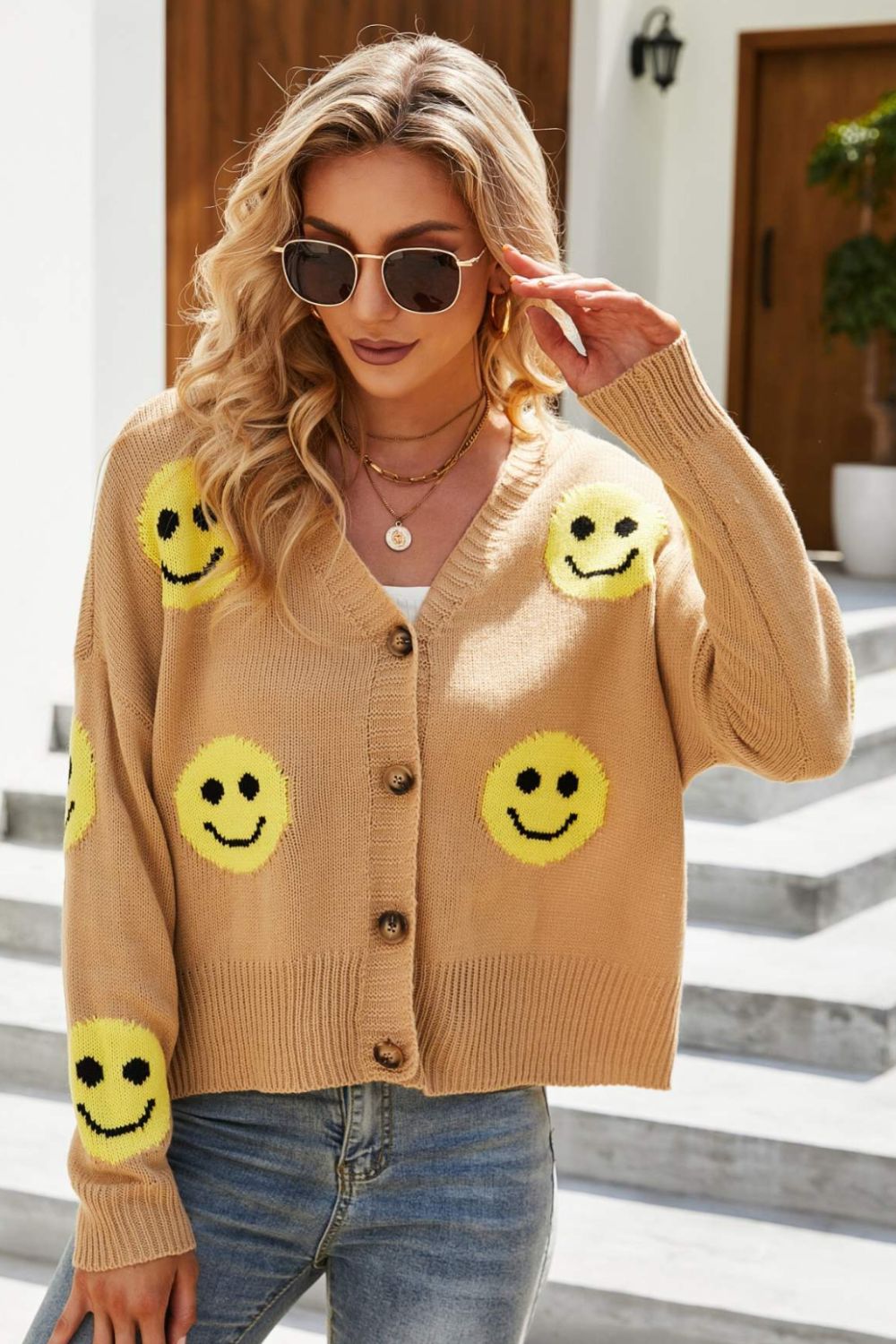 Honeybee Mumford's Smiley Face Ribbed Trim V-Neck Cardigan