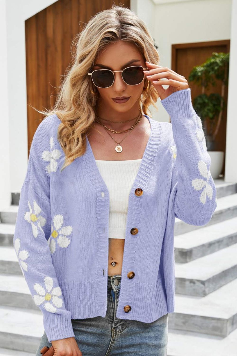 Honeybee Mumford's Floral Ribbed Trim Drop Shoulder Cardigan