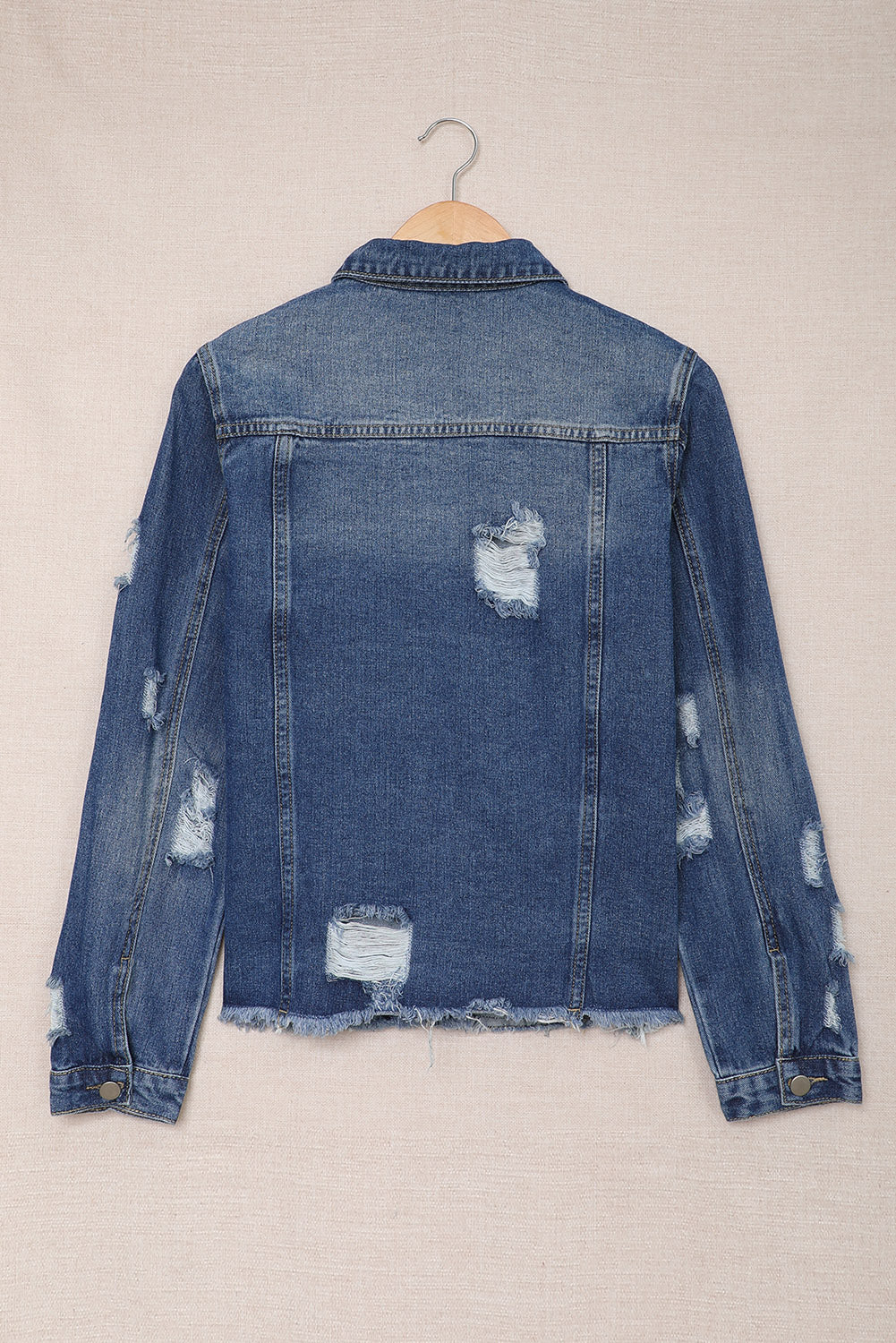 Honeybee Mumford's Blue Lapel Distressed Raw Hem Buttons Denim Jacket