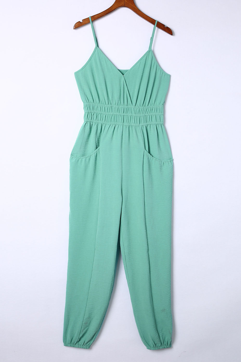 Honeybee Mumford's Green Shirred High Waist Sleeveless V Neck Jumpsuit