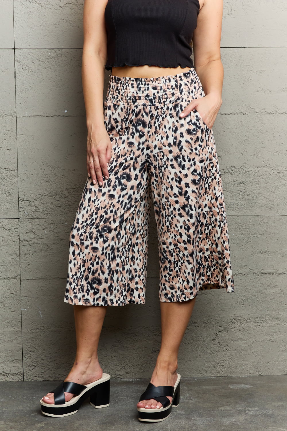 Honeybee Mumford's Leopard High Waist Flowy Wide Leg Pants with Pockets