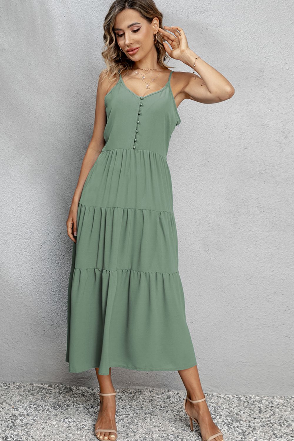 Honeybee Mumford's V-Neck Sleeveless Spaghetti Straps Midi Dress