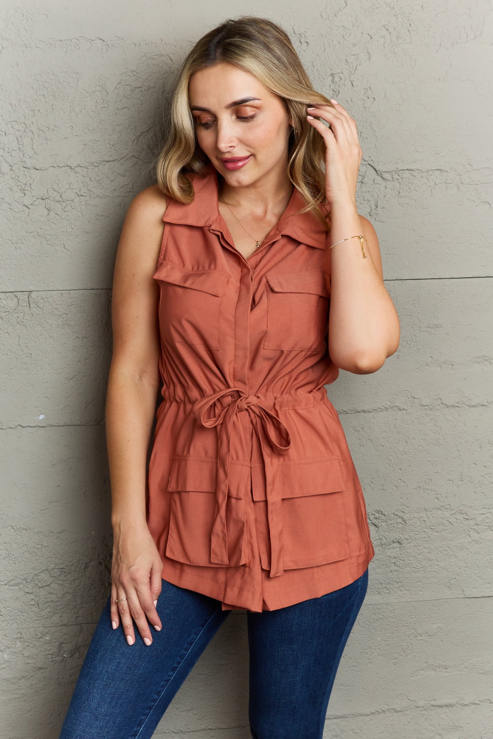 Honeybee Mumford's Follow The Light Sleeveless Collared Button Down Top